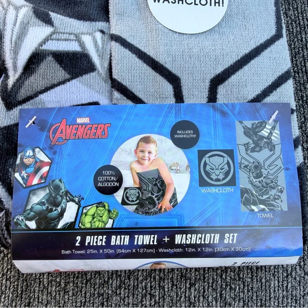 Marvel Black Panther Gray and Black Towel and washcloth set - 2 piece - NWT